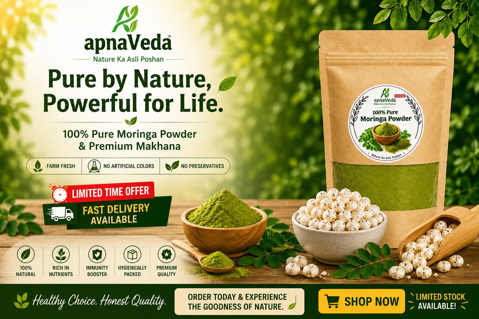 apnaVeda 100% Pure Moringa Powder – Premium Nature's Superfood
Elevate your daily nutrition with apnaVeda Premium Moringa Powder. Sourced from the finest organic leaves, our 100% pure and natural superfood is packed with essential vitamins, minerals, and antioxidants to give your health the daily boost it deserves.

Designed for your busy lifestyle, it is incredibly easy to mix, making it a convenient superfood addition for your daily wellness goals.


