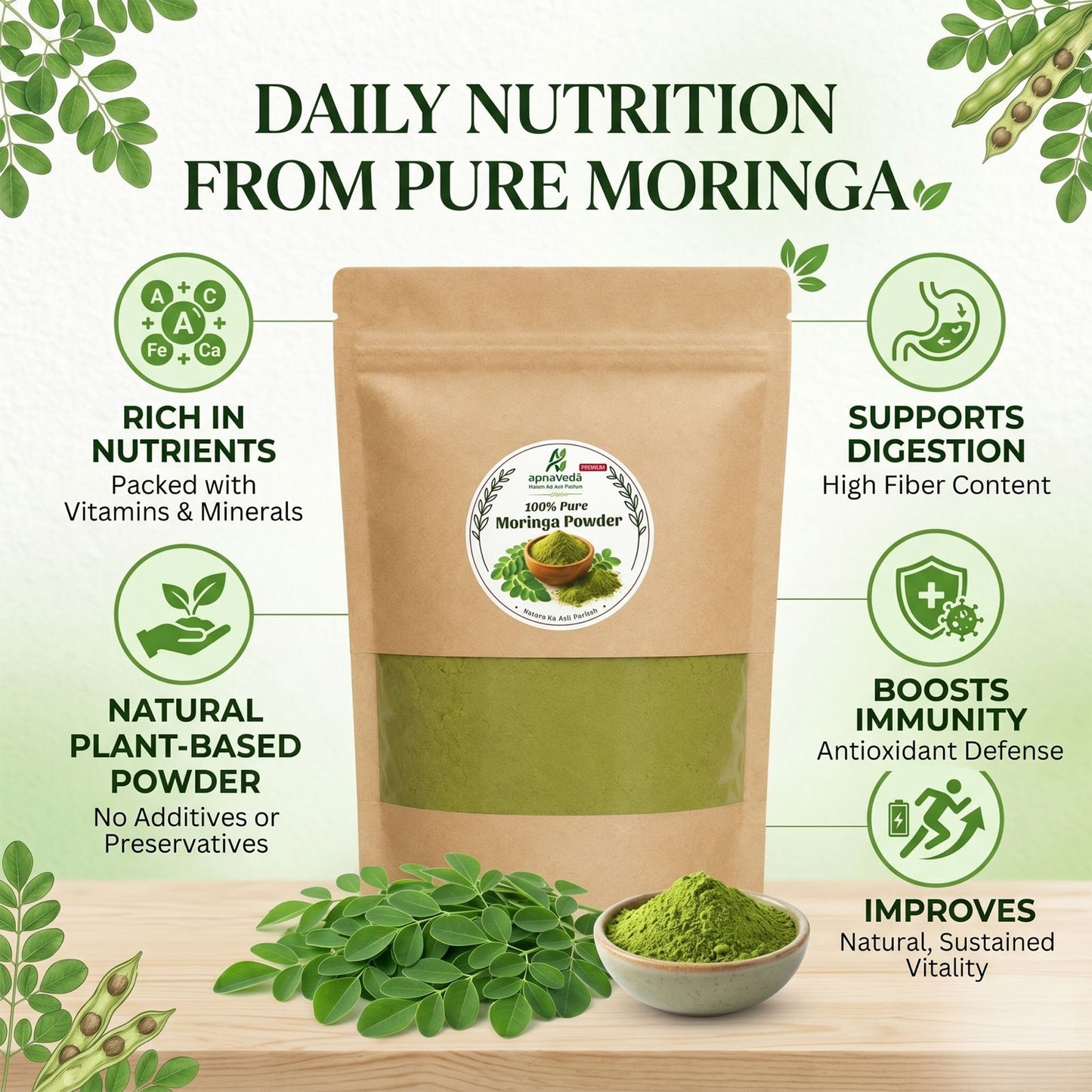 Apnaveda Premium Organic Moringa Powder 100% Pure & Natural