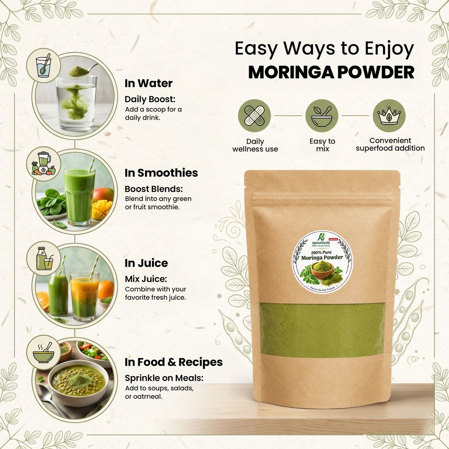 Apnaveda Premium Organic Moringa Powder 100% Pure & Natural